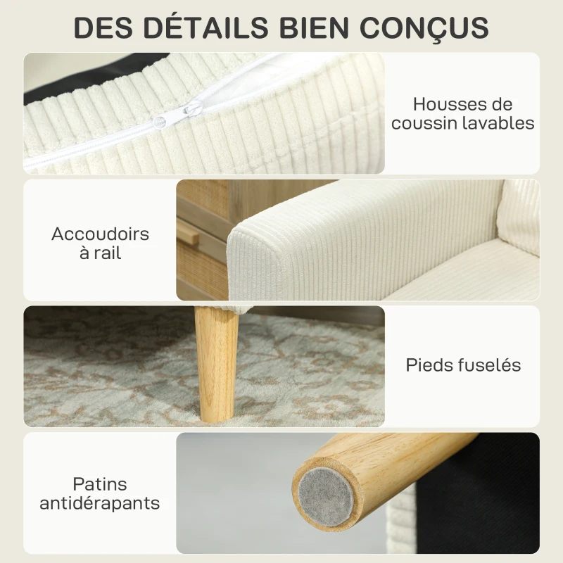HOMCOM Canapé 3 places en velours côtelé, canapé avec coussins à ressorts et assise rembourré, 192x80x84,5cm, beige