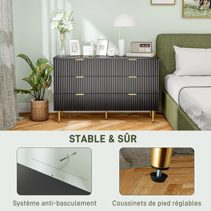 HOMCOM Commode 6 tiroirs commode chambre meuble de rangement moderne avec poignées et pieds dorés, 120 x 40 x 76,5 cm, noir