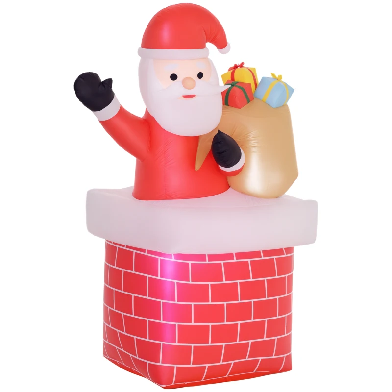 Outsunny Papá Noel Inflable con Bolsa de Regalos Saliendo de una Chimenea Luces LED para Exterior Rojo