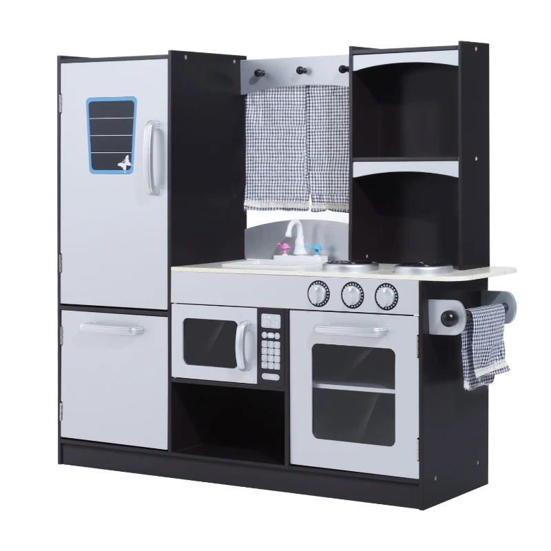 HOMCOM Cuisine pour enfants en bois dinette jeu d'imitation éducatif complet nombreux accessoires & rangements inclus MDF pin 105 x 32 x 95 cm argenté et noir
