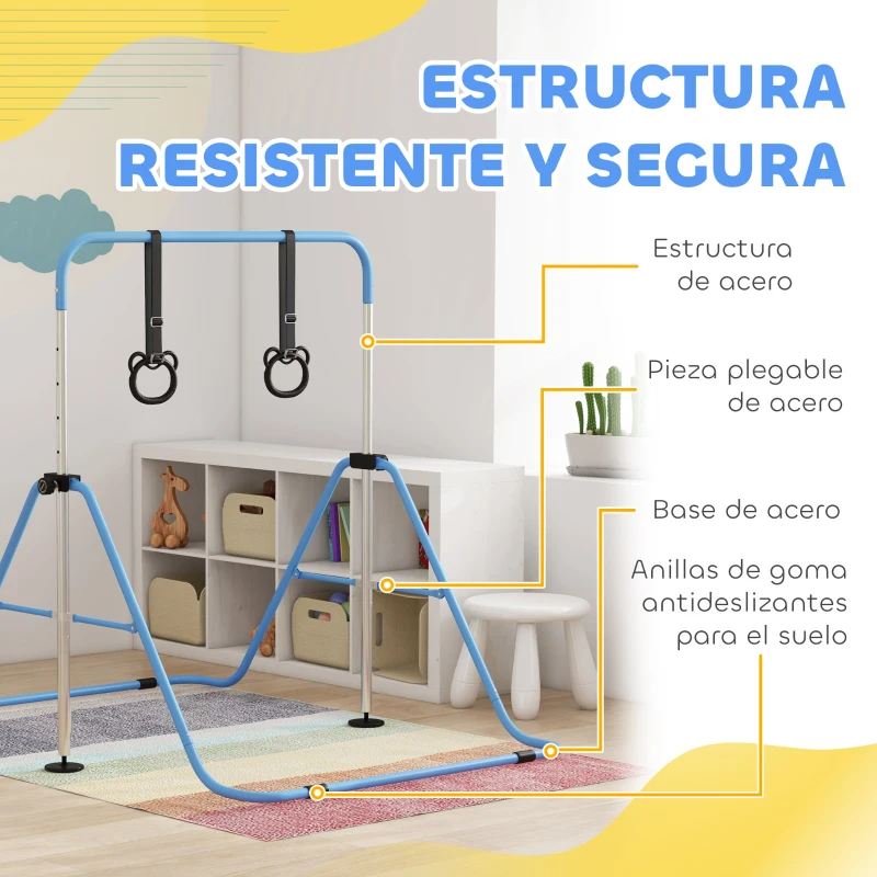 HOMCOM Barra de Gimnasia para Niños con Altura Ajustable en 5 Niveles y Anillos Entrenamiento de Gimnasia Plegable en Casa Azul
