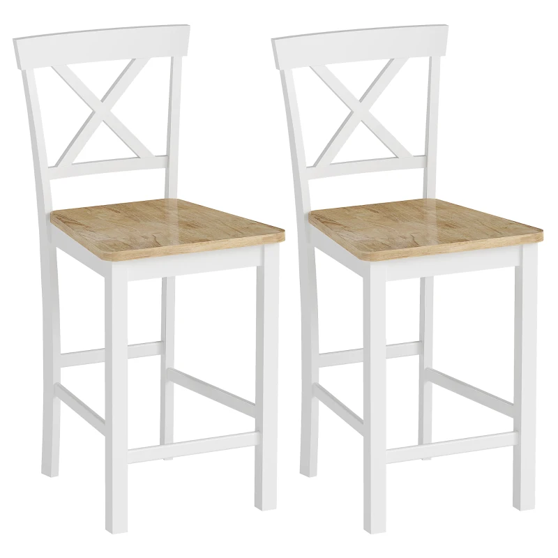 HOMCOM Set de 2 Taburetes de Bar con Respaldo y Reposapiés, Madera de Caucho, para Cocina, Comedor, Bar, Roble+Blanco