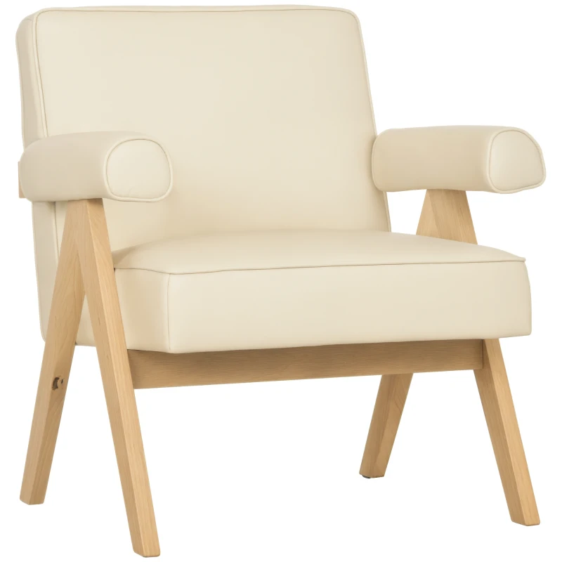 HOMCOM Sillón de Salón Tapizado en PU con Reposabrazos y Marco de Madera de Caucho para Dormitorio Carga 120 kg Crema
