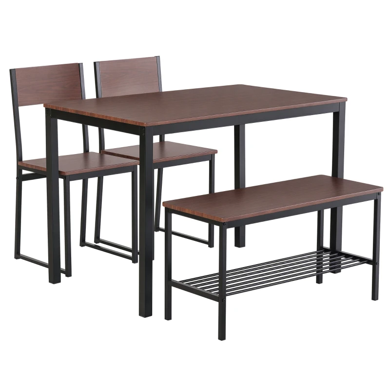 HOMCOM Set Tavolo da Pranzo con 2 Sedie Stile Industriale e Panca 2 Posti in Legno e Metallo per Soggiorno e Cucina Nero e Marrone