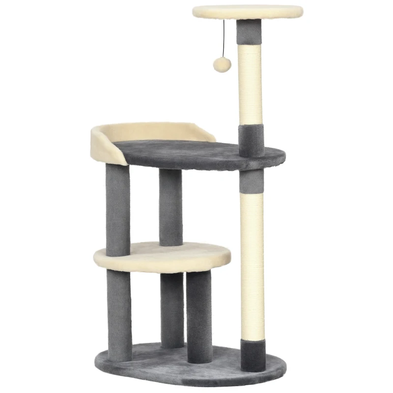 PawHut Albero Tiragraffi per Gatti a 3 Livelli con Pali in Sisal e Altezza 105cm, Grigio