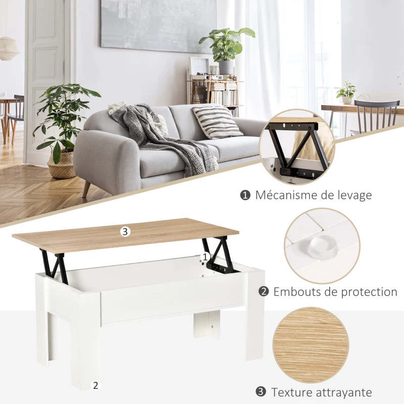 HOMCOM Table basse relevable, table de salon avec compartiment caché, style moderne, pour salon, bureau, 100x50x45cm, blanc