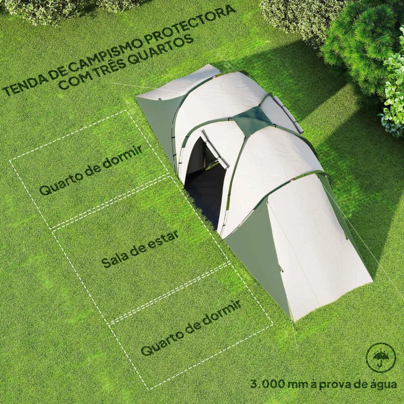 Outsunny Tenda de Campismo Familiar para 4-6 Pessoas com 2 Dormitórios Impermeável 3000 mm com Bolsa 555x225x190 cm Cinza e Verde