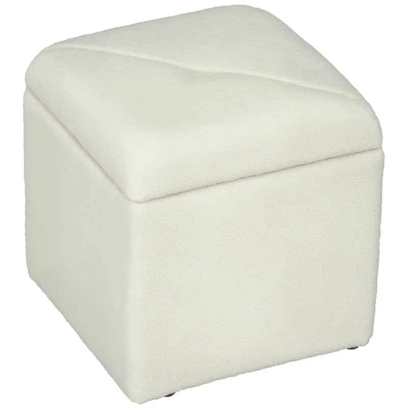 HOMCOM Bancă cu Spațiu de Depozitare, Tapițată cu Blană Teddy Fleece, Puf la Capătul Patului, 39x39x39 cm, Alb Crem