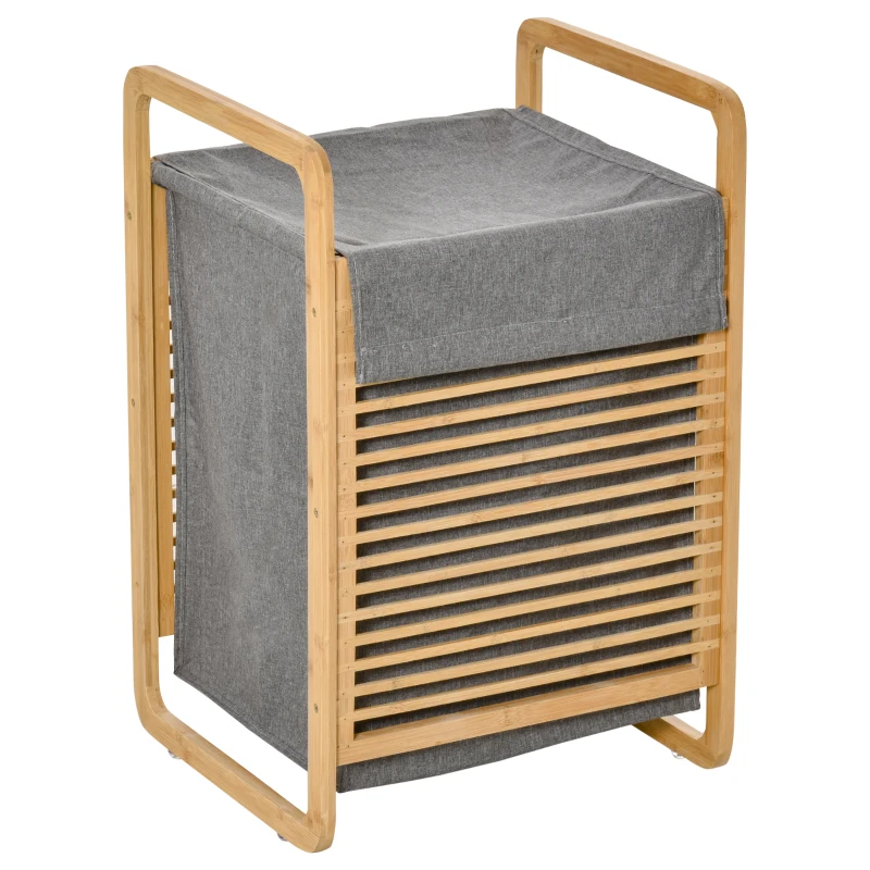 HOMCOM Cesto para Ropa Sucia de Bambú Cesto Rectangular de Ropa Portátil con Tapa y Bolsa Extraíble Mueble de Baño Dormitorio 40x35,5x60,5 cm Color Natural y Gris