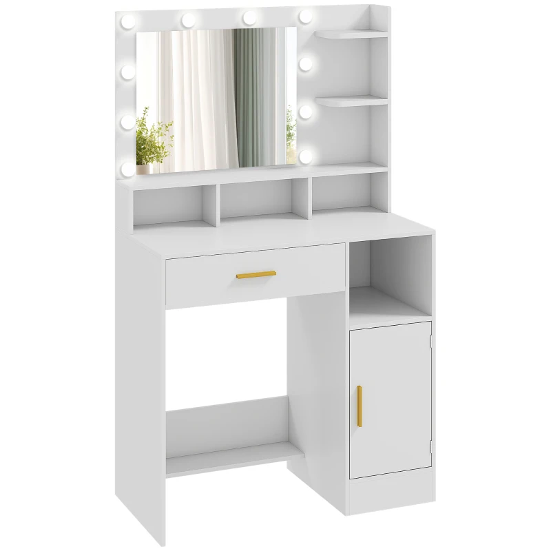 HOMCOM Coiffeuse avec miroir et 10 lumières LED, luminosité réglable, tiroir, placard et étagères ouvertes, 80x40x135cm, blanc