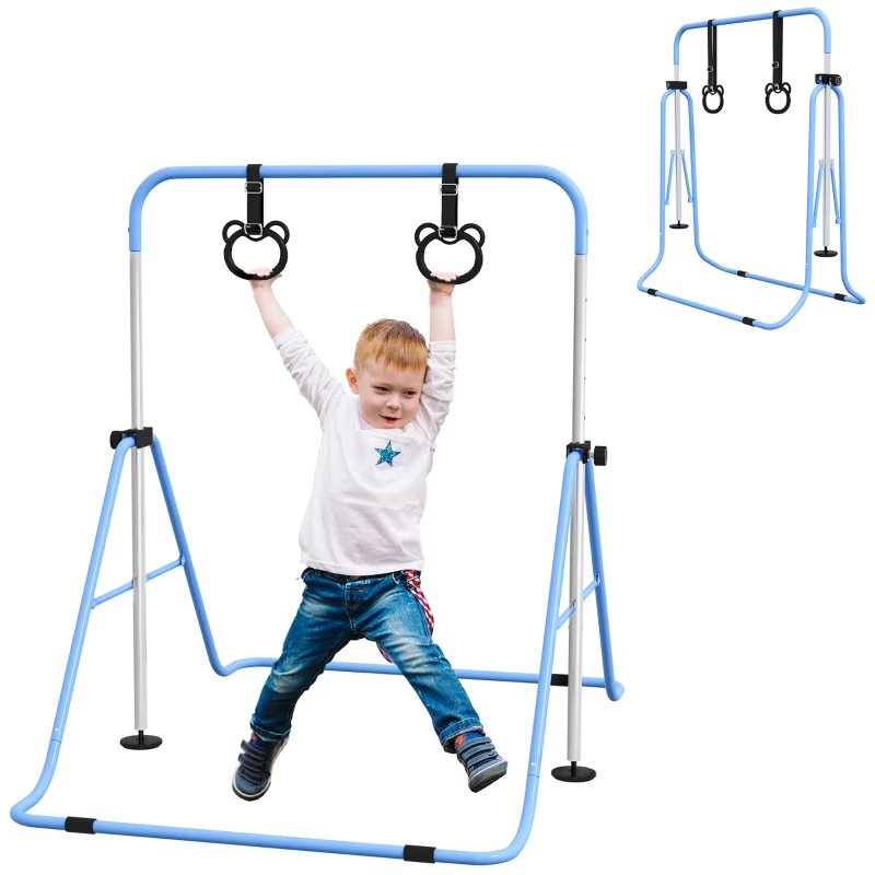 HOMCOM Barra ginnica per bambini con Altezza Regolabile in 5 Livelli e Anelli Allenamento ginnica Pieghevole a Casa Blu