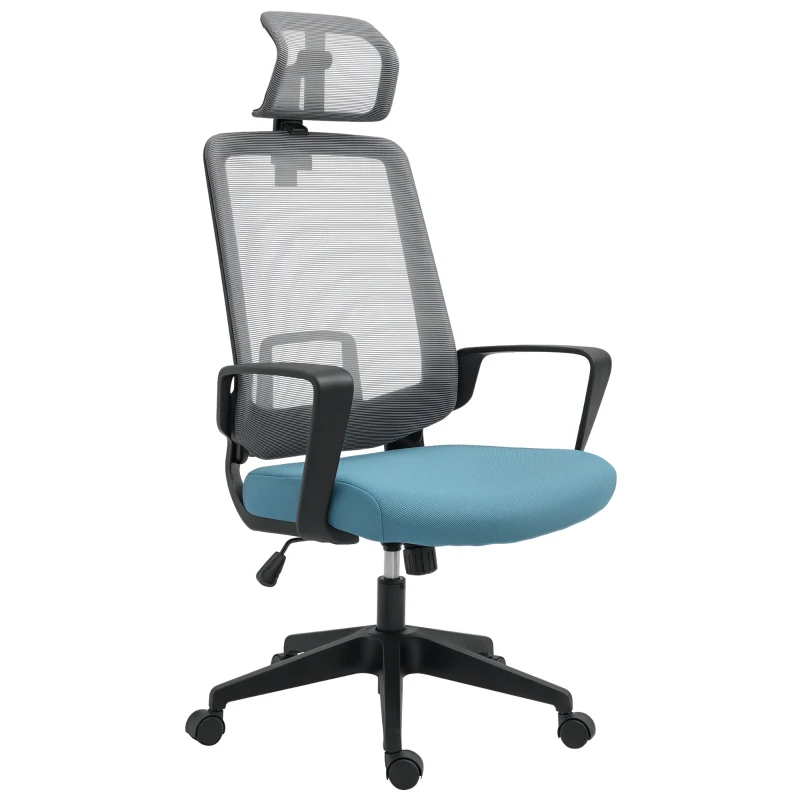 Vinsetto Silla de Oficina Ergonómica Silla Escritorio Giratoria con Altura Ajustable Soporte Lumbar Reposabrazos y Reposacabezas Regulable Malla Transpirable 63,5x63x116,5-125,5 cm Azul y Gris