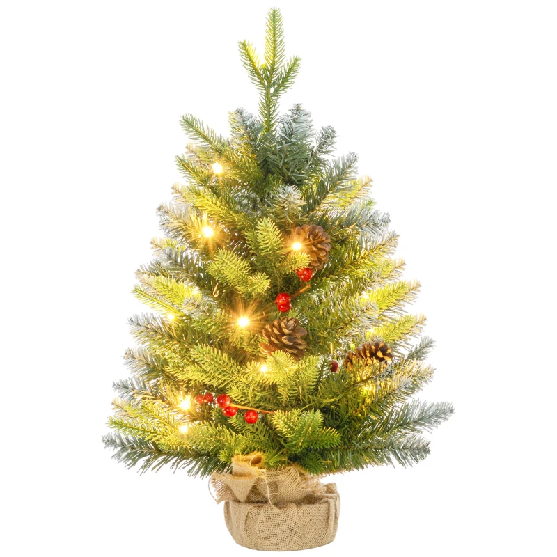 HOMCOM Árbol de Navidad Sobremesa 60 cm con 20 Luces LED 141 Ramas 5 Piñas 5 Racimos de Bayas Rojas y Soporte de Metal Verde