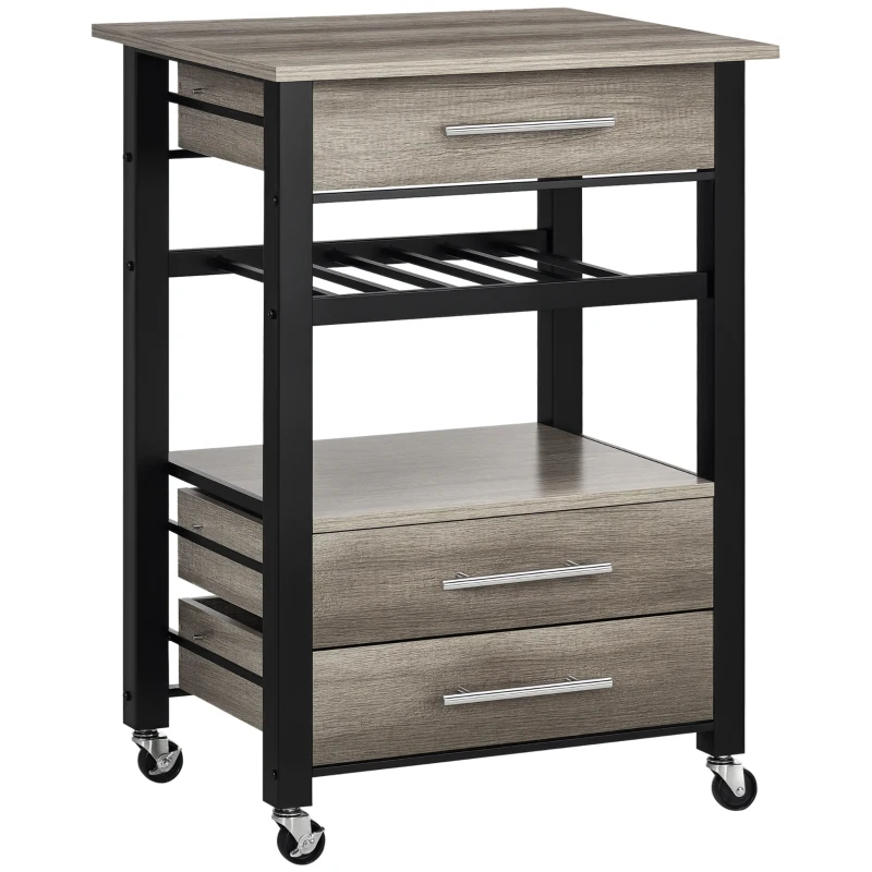 HOMCOM Carrello da Cucina Portavivande con 3 Cassetti e Mensola, Mobiletto Multiuso in Legno Truciolare, 60x50x84.5cm, Quercia