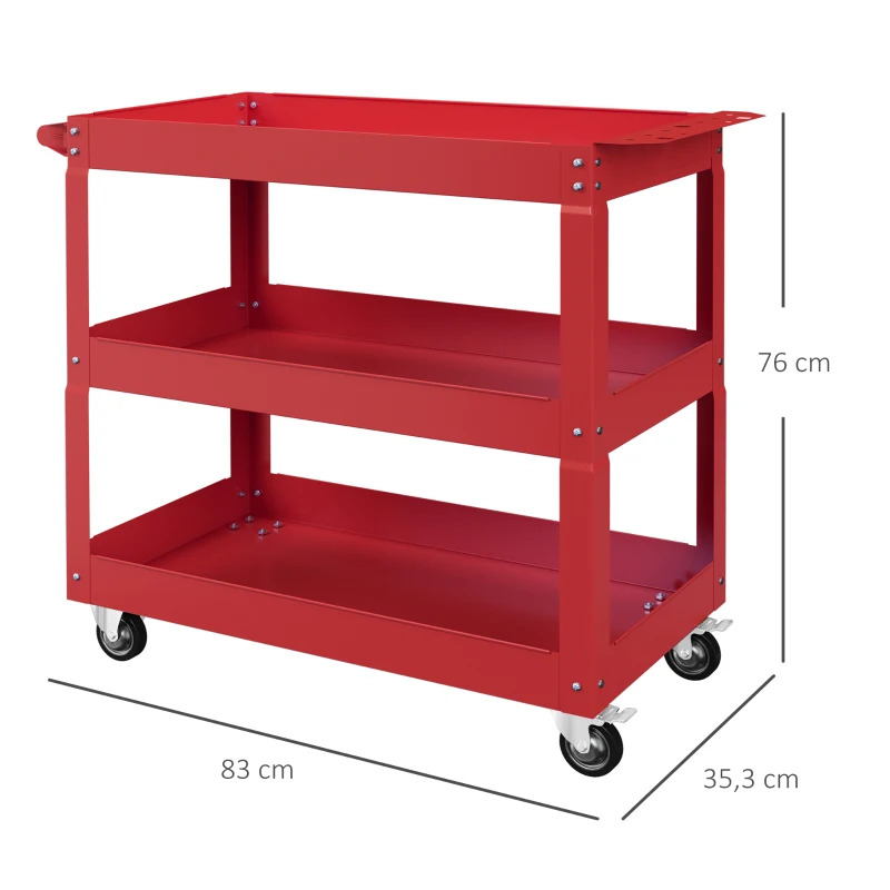 DURHAND Carro de Taller de Acero con 3 Estantes de Almacenamiento y Asa Lateral Carga 150 kg 83x35,3x76 cm Rojo