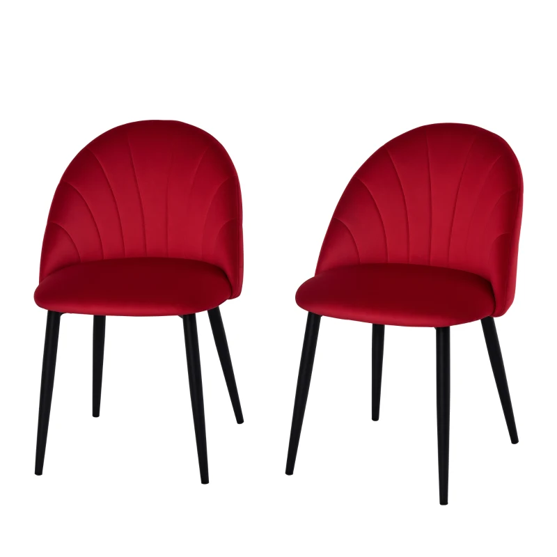 HOMCOM Set di 2 Sedie da Pranzo in Velluto con Schienale a Conchiglia e Gambe in Metallo, Rosso