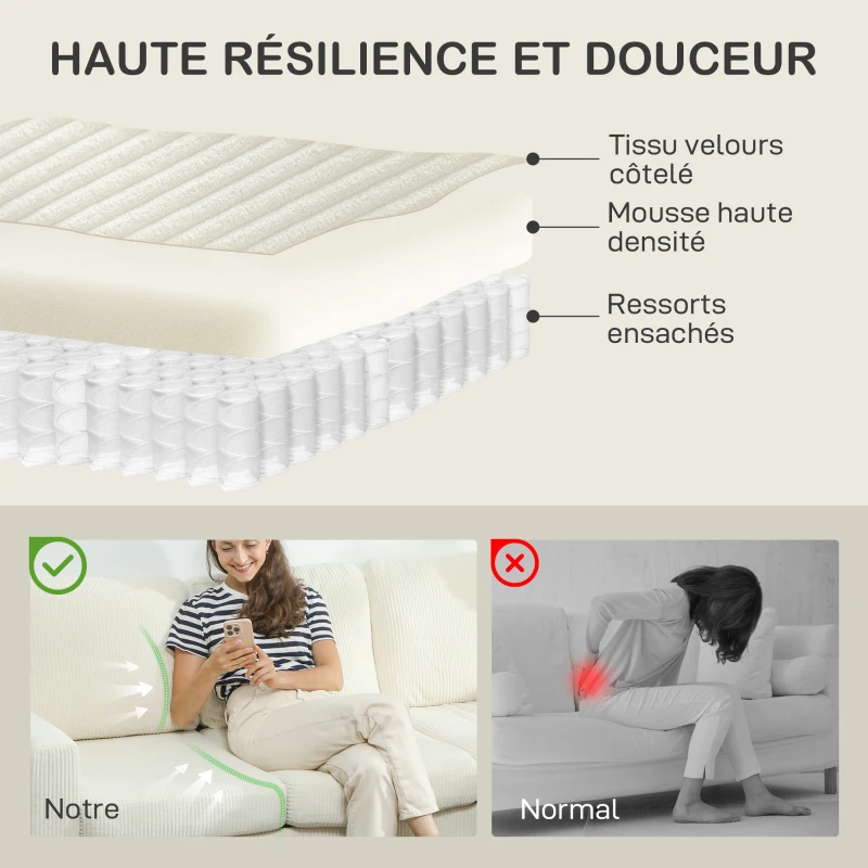 HOMCOM Canapé 3 places en velours côtelé, canapé avec coussins à ressorts et assise rembourré, 192x80x84,5cm, beige