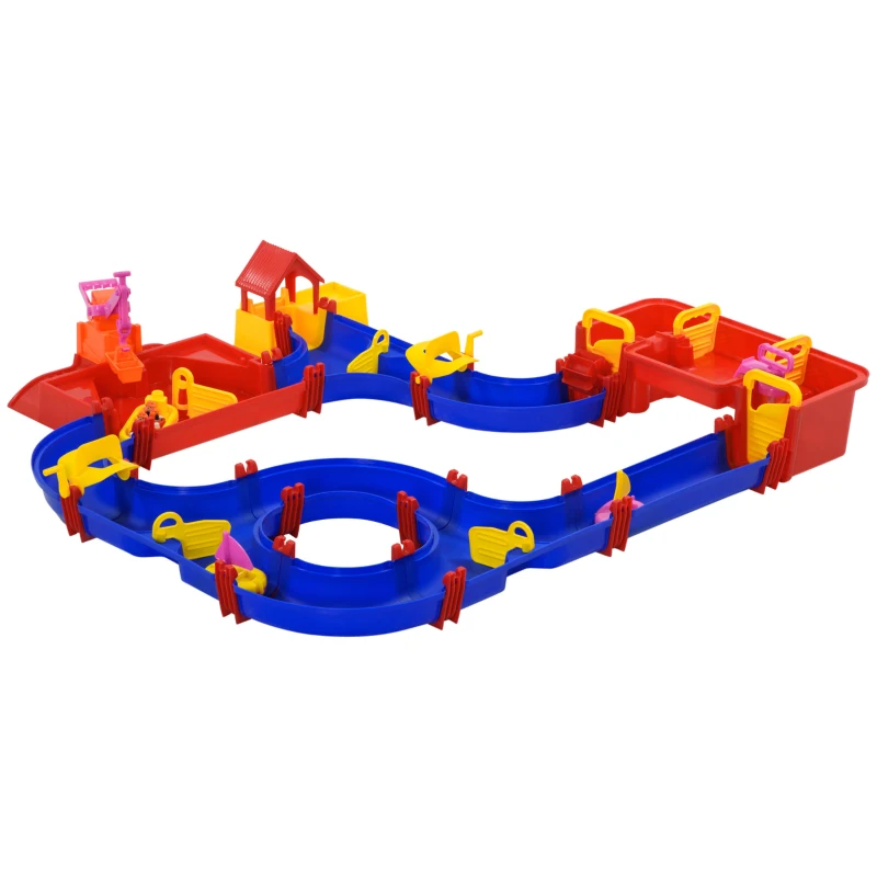 HOMCOM Set de Juego de Agua para Niños - Pista de Agua con 78 Piezas, Juguetes de Aprendizaje para 3-6 años, Juegos acuáticos para exteriores, Mesa de Agua para Niños, Plástico 123 x 111 x 7 cm