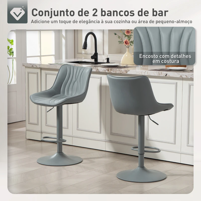 HOMCOM Conjunto de 2 Bancos de Bar Bancos Altos de Cozinha Giratórios com Altura Ajustável e Couro Sintético 47,5x54x92-110 cm Cinzento
