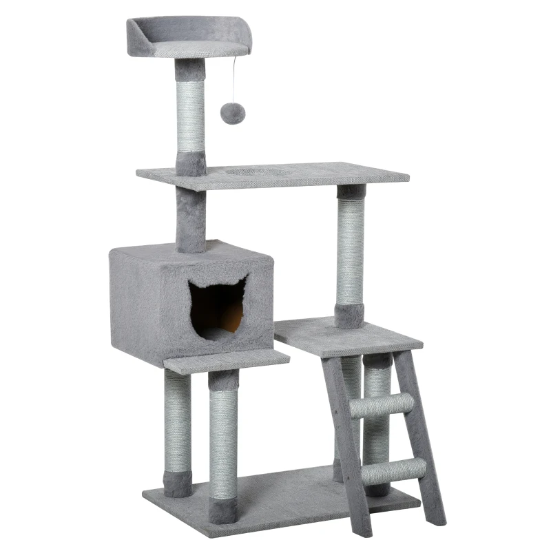 PawHut Árbol Rascador para Gatos Grande Altura 124 cm Torre de Escalada con Plataformas Escalera Cueva Postes de Yute y Bola Colgante Juego y Descanso 60,5x40x124 cm Gris