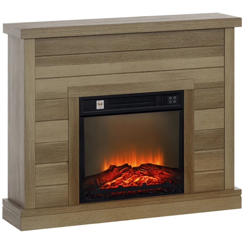 HOMCOM Șemineu Electric cu Flacără 3D, Oprire Automată, Încălzire Reglabilă și Temporizator, 96,5x22x81,7 cm, Lemn Natural