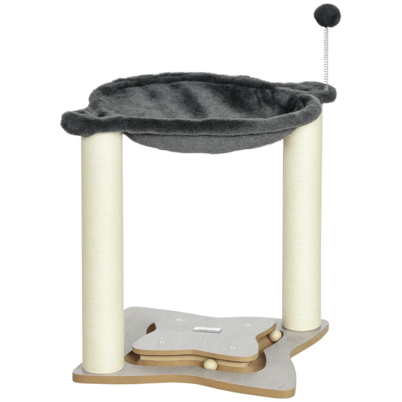 PawHut Tiragraffi per Gatti con Amaca in Peluche, Base in Legno con Gioco e Pali in Sisal, 53.55x53.5x66cm, Grigio