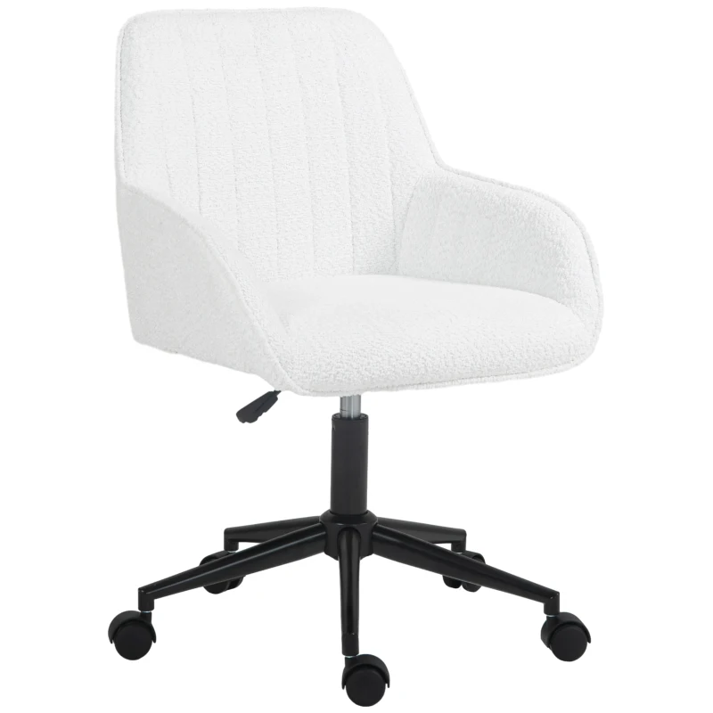 HOMCOM Scaun de Birou din Material Textil cu Înălțime Reglabilă, Scaun de Birou Pivotant cu Cotiere și Rotile, 58x58x83-93 cm, Alb