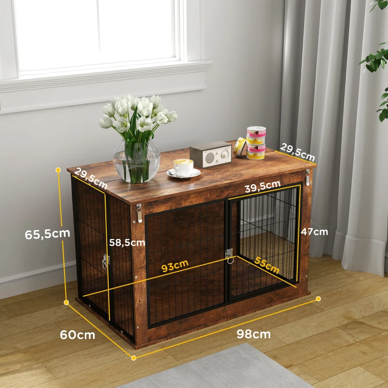 PawHut Hundebox, Transportbox für Hunde, Aufenthaltsbox, für Haustiere, 2 verschließbare Türen, 98 x 60 x 65,5 cm, Braun