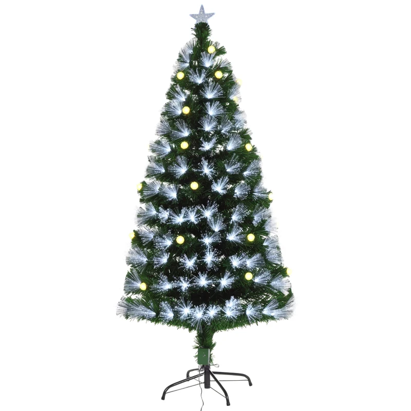 HOMCOM Albero di Natale Artificiale 120cm con 130 Rami, Albero di Natale con Luci a LED e Fibre Ottiche, Base Pieghevole Rimovibile