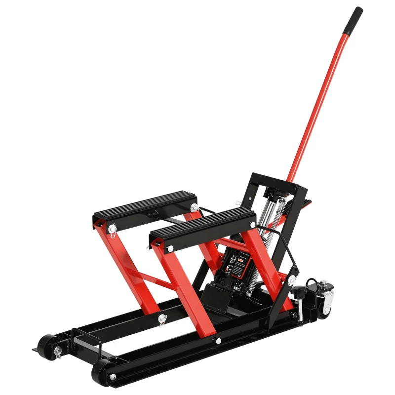 DURHAND Gato Hidráulico de Motocicletas Soporte 680 kg Elevador ATV para Garaje Pista Altura Ajustable 24-36 cm con Plataforma Almohadilla Antideslizante de Alta Resistencia 110x36x67 cm Negro y Rojo