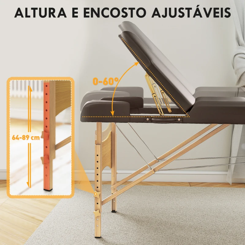 HOMCOM Marquesa de Massagem Dobrável Portátil com Altura Ajustável Apoio de Cabeça Apoios de Braços Acolchoados 215x60x64-89 cm Marrom