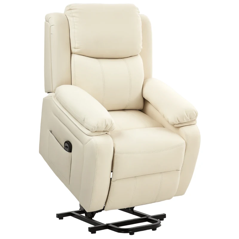 HOMCOM Poltrona Alzapersona Reclinabile a 160° con Poggiapiedi e Telecomando, in Pelle PU e Acciaio, 76x90x105 cm, Crema