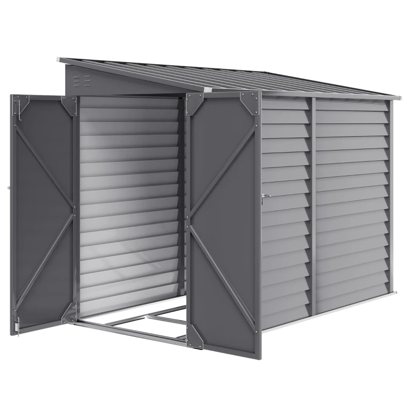 Outsunny 5 x 9ft Galvanised Metal Garden Shed with Foundation Kit, Outdoor Lean-to Shed, Tool Storage House with Lockable Doors, Gloves and 2 Air Vents for Patio, Garden, Grey