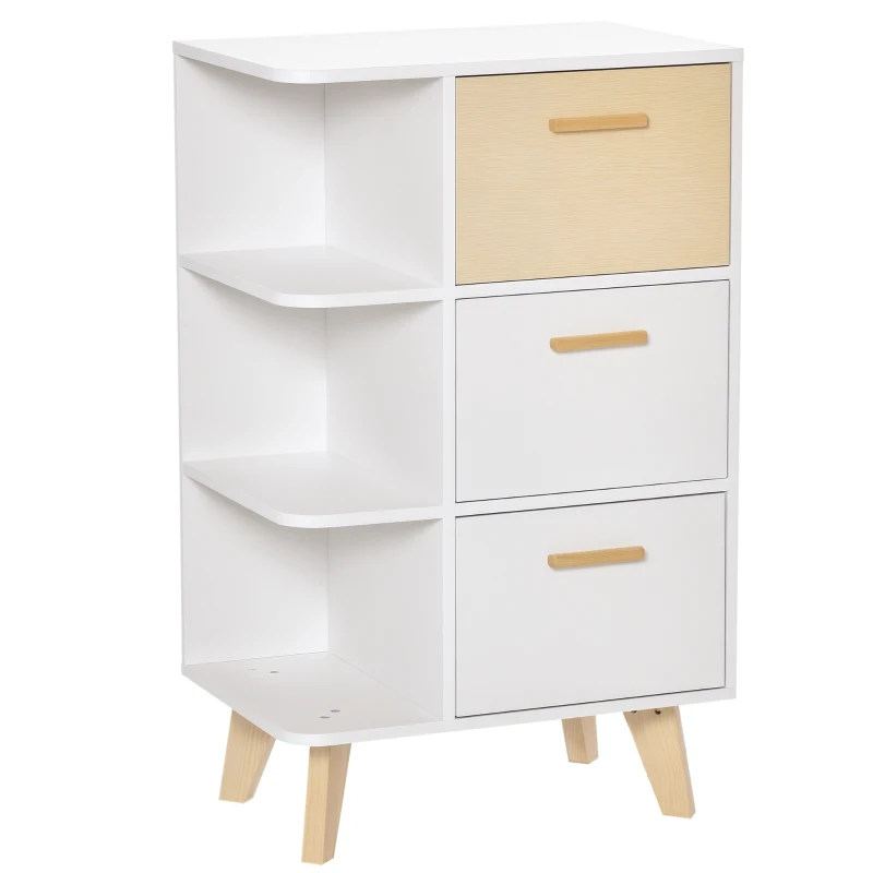 HOMCOM Mobiletto Multiuso con 3 Ripiani Aperti e Cassetti, Mobile per Soggiorno, Cucina, Ufficio in Legno Bianco, 60x40x100cm