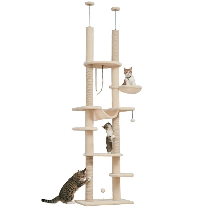 PawHut Arranhador para Gatos do Chão ao Teto 225-255 cm com 7 Níveis Rede Plataformas Postes de Arranhar  Bege e Cinza