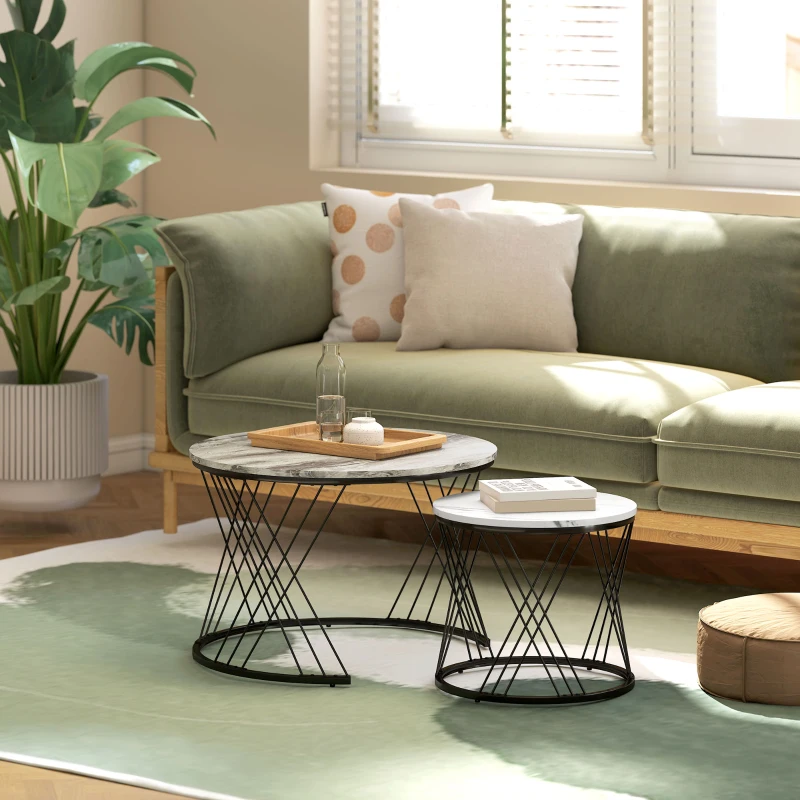 HOMCOM Conjunto de 2 Mesas Auxiliares Redondas com Bancada com Imitação de Mármore Estrutura de Metal  Cinzento e Branco