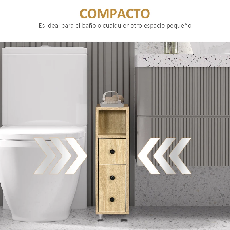 kleankin Armario de Baño con Ruedas Mueble Auxiliar para Baño con Estante Abierto Puerta y Cajón 18x30x68,5 cm Roble