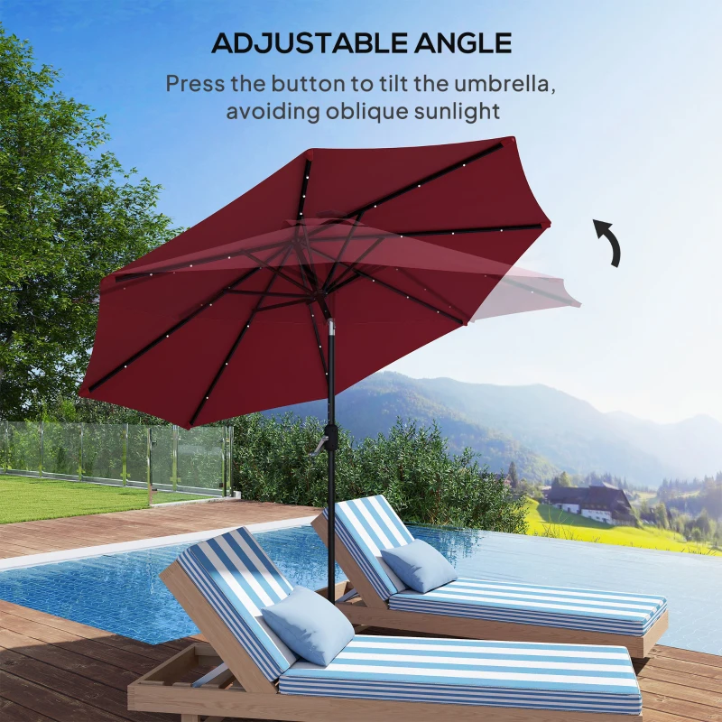 Outsunny Ombrellone Angolazione Regolabile con Luci LED Multicolore da Giardino, in Metallo e Poliestere, Φ275x233 cm, Rosso