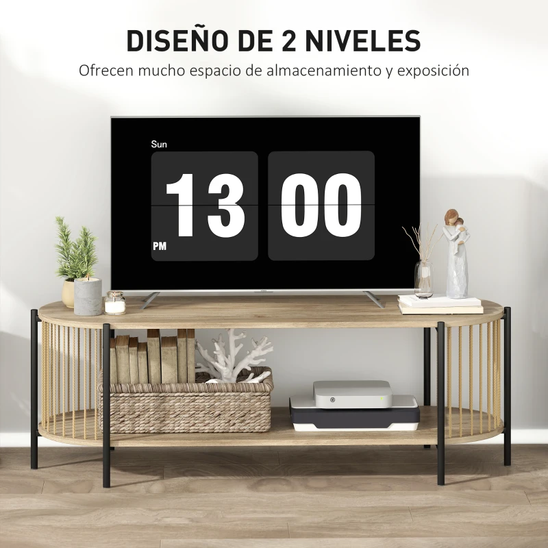 HOMCOM Mueble de TV Estilo Bohemio hasta 55 Pulgadas con Diseño en Cuerda de Papel y 2 Estantes Abiertos 124x43,5x41 cm Natural