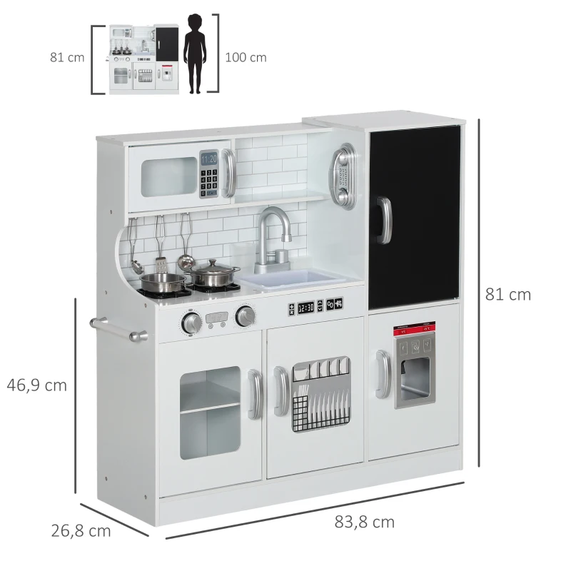 AIYAPLAY Kinderküche, Spielküche mit Telefon, Kreidetafel, Mikrowelle, Herd, Spüle, Zubehör, Eiswürfelmaschine, 3-8 Jahre, Weiß(m-3)