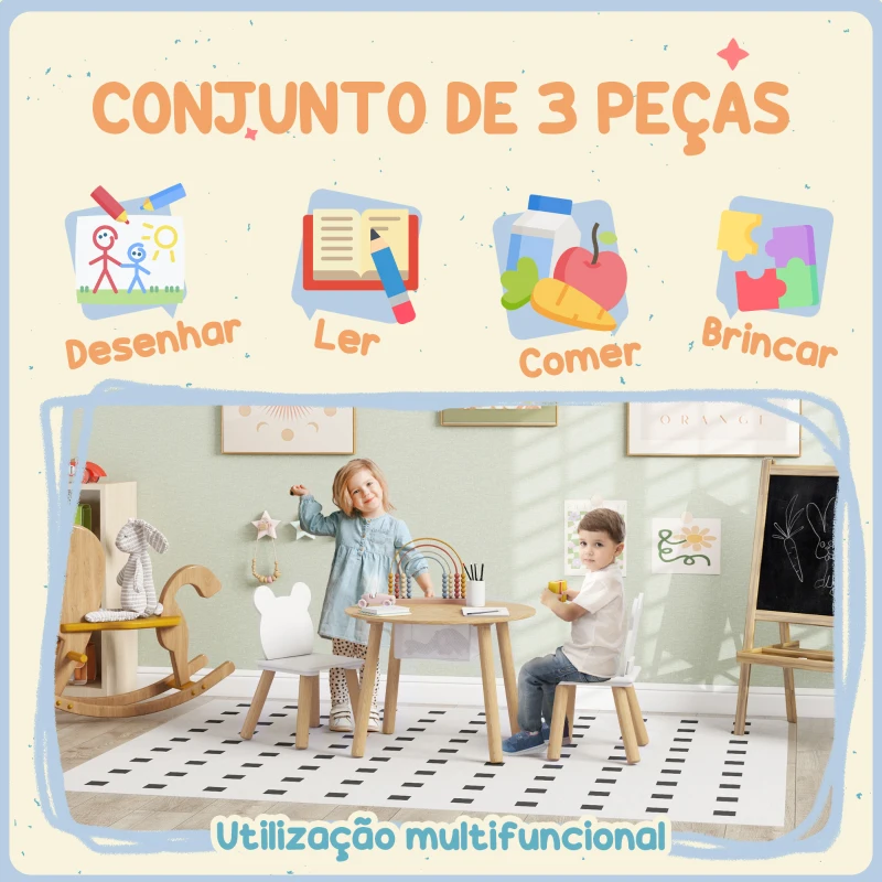 AIYAPLAY Mesa Infantil com 2 Cadeiras com Espaço de Arrumação para Crianças de 3-6 Anos para Sala de Jogos Dormitório Madeira e Branco