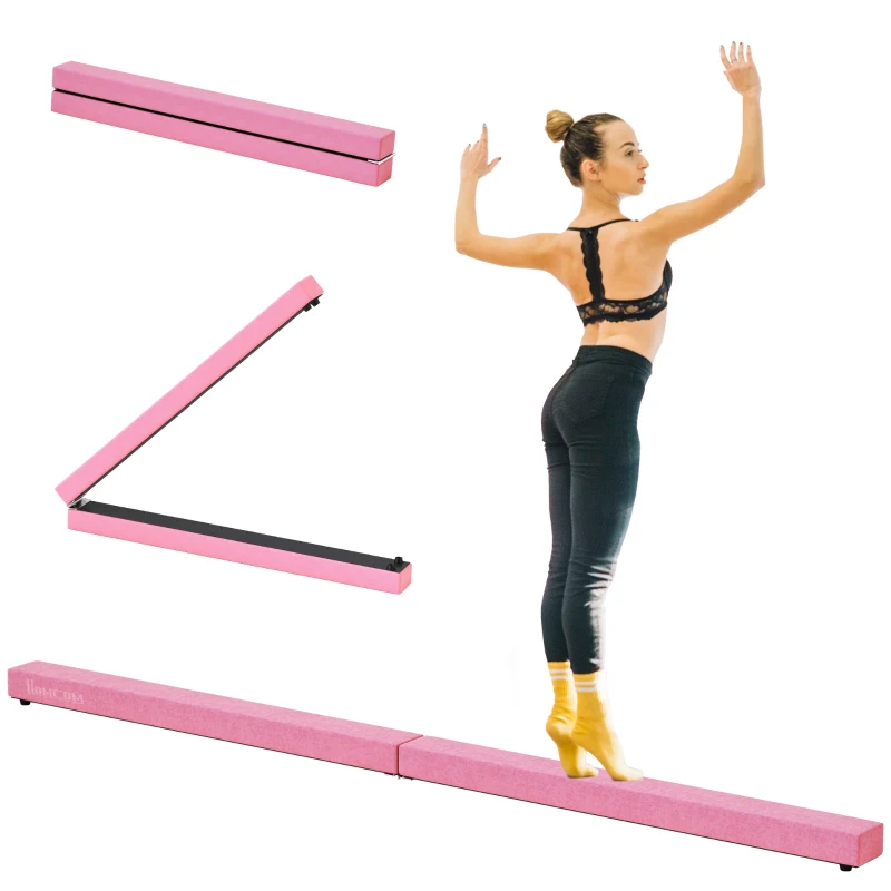 HOMCOM Barra de Equilibrio Gimnasia Plegable 210 cm Barra de Gimnasia Artística para Niños Adultos Entrenamiento en Casa Rosa