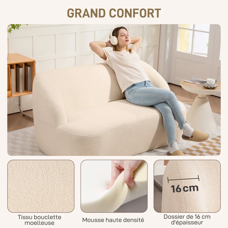 HOMCOM Canapé 2 places canapé en tissu bouclette 142 cm avec dossier et assise incurvés, aucun assemblage requis, beige