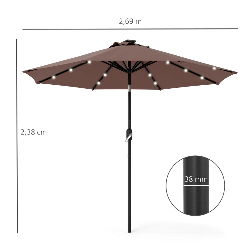 Outsunny Parasol de jardin Parasol droit Parasol Lumineux octogonal inclinable Ø 2,7 m Parasol LED Solaire métal Polyester Haute densité 180 g/m² Chocolat