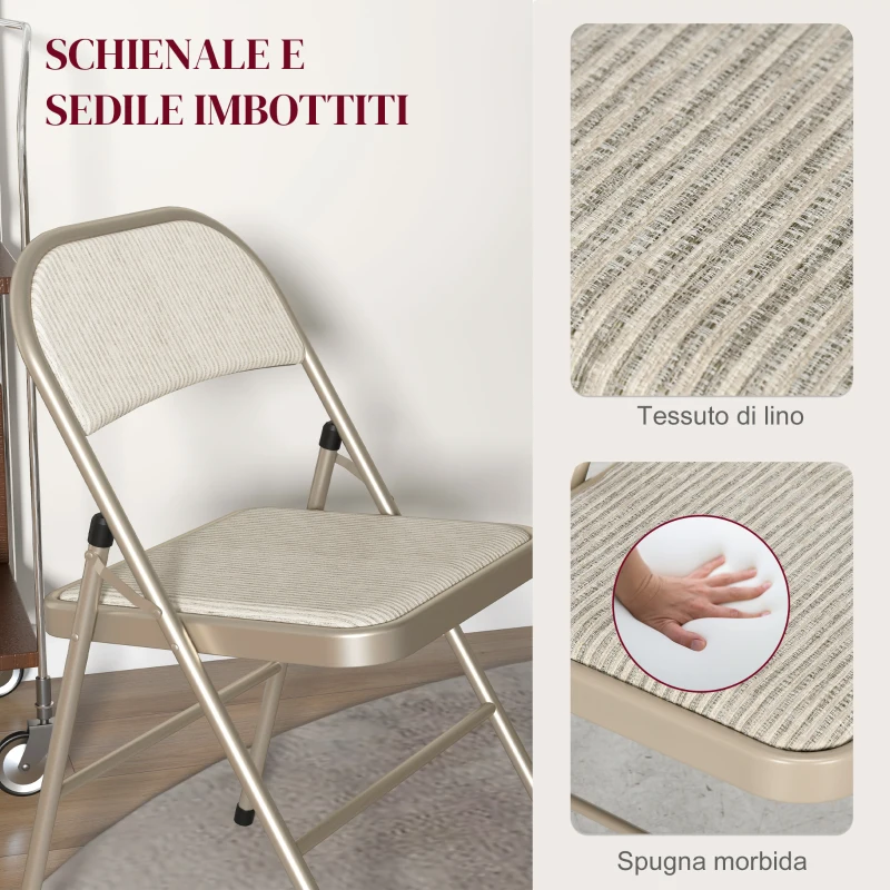 HOMCOM Set di 4 Sedie Pieghevoli con Seduta Imbottita in poliestere e Struttura in Acciaio, Beige