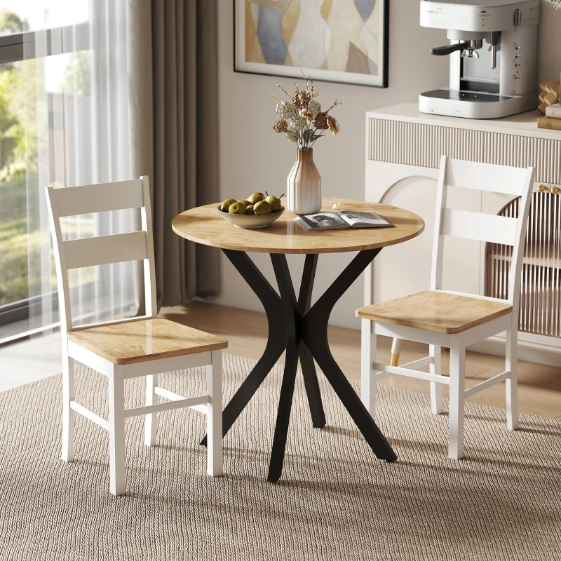 HOMCOM Set van 2 Keukenstoelen, Rubberhout, Gebogen Lattenrugleuning, Wit