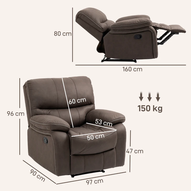 HOMCOM Poltrona Relax con Reclinazione Manuale e Poggiapiedi, in Microfibra e Acciaio, 97x90x96 cm, Marrone