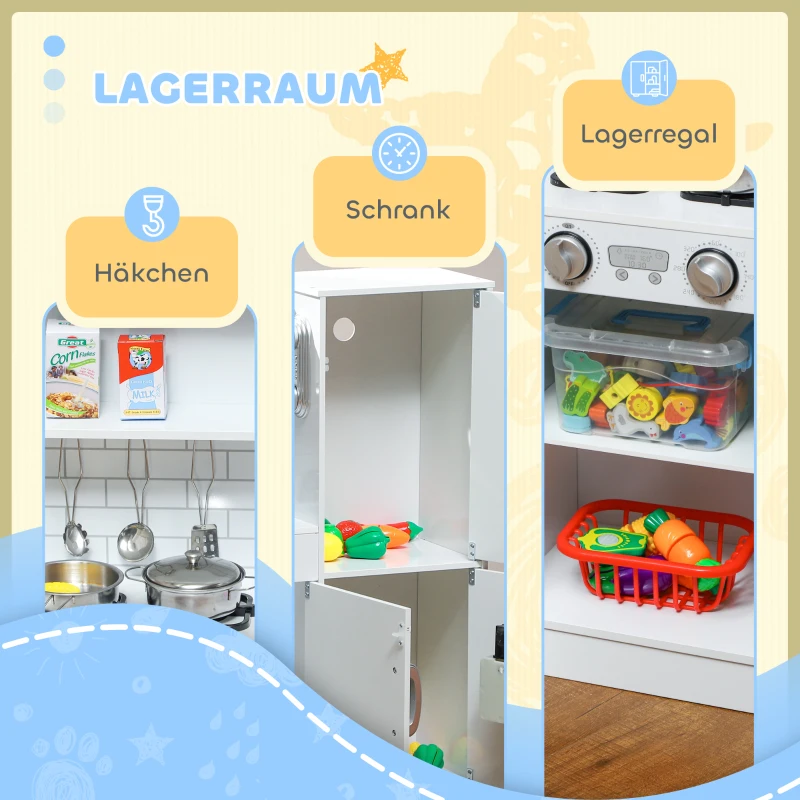 AIYAPLAY Kinderküche, Spielküche mit Telefon, Kreidetafel, Mikrowelle, Herd, Spüle, Zubehör, Eiswürfelmaschine, 3-8 Jahre, Weiß(m-8)