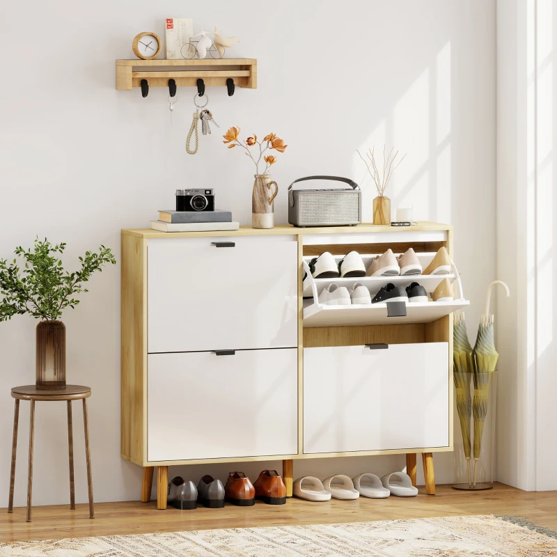 HOMCOM Schmaler Schuhschrank mit 4 Türen in Glänzendem Weiß Einstellbare Regale Holzbeine für 20 Paare Schuhe