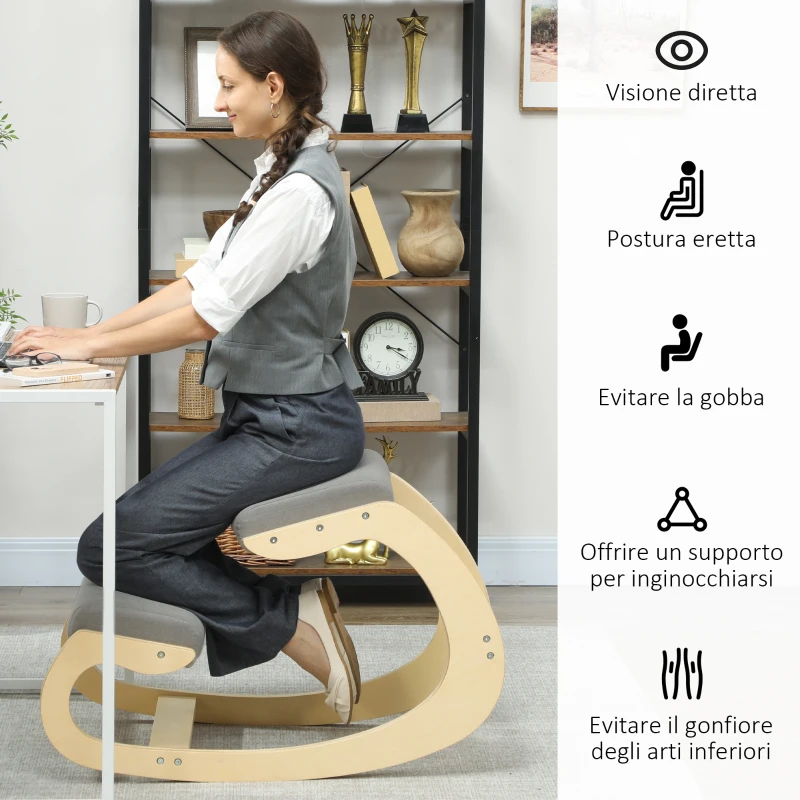 HOMCOM Sedia Ergonomica con Inginocchiatoio e Reclinabile, in Tessuto Effetto Lino e Legno, 55x85x55 cm, Grigio Chiaro